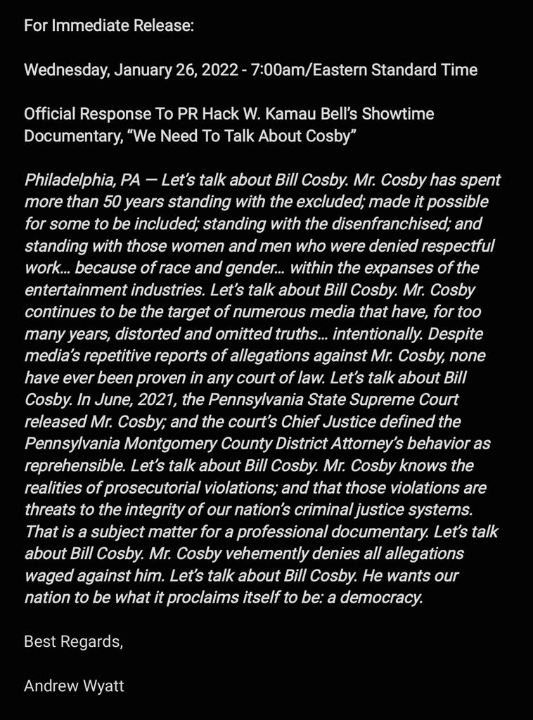 CosbyIs's tweet photo. Official statement from Bill Cosby's Spokesman, Andrew Wyatt about "We Need to Talk About Cosby" "docuseries"
#NoTime4Showtime
#WeNeedToTalkAboutCosby https://t.co/5RD6qNumGg