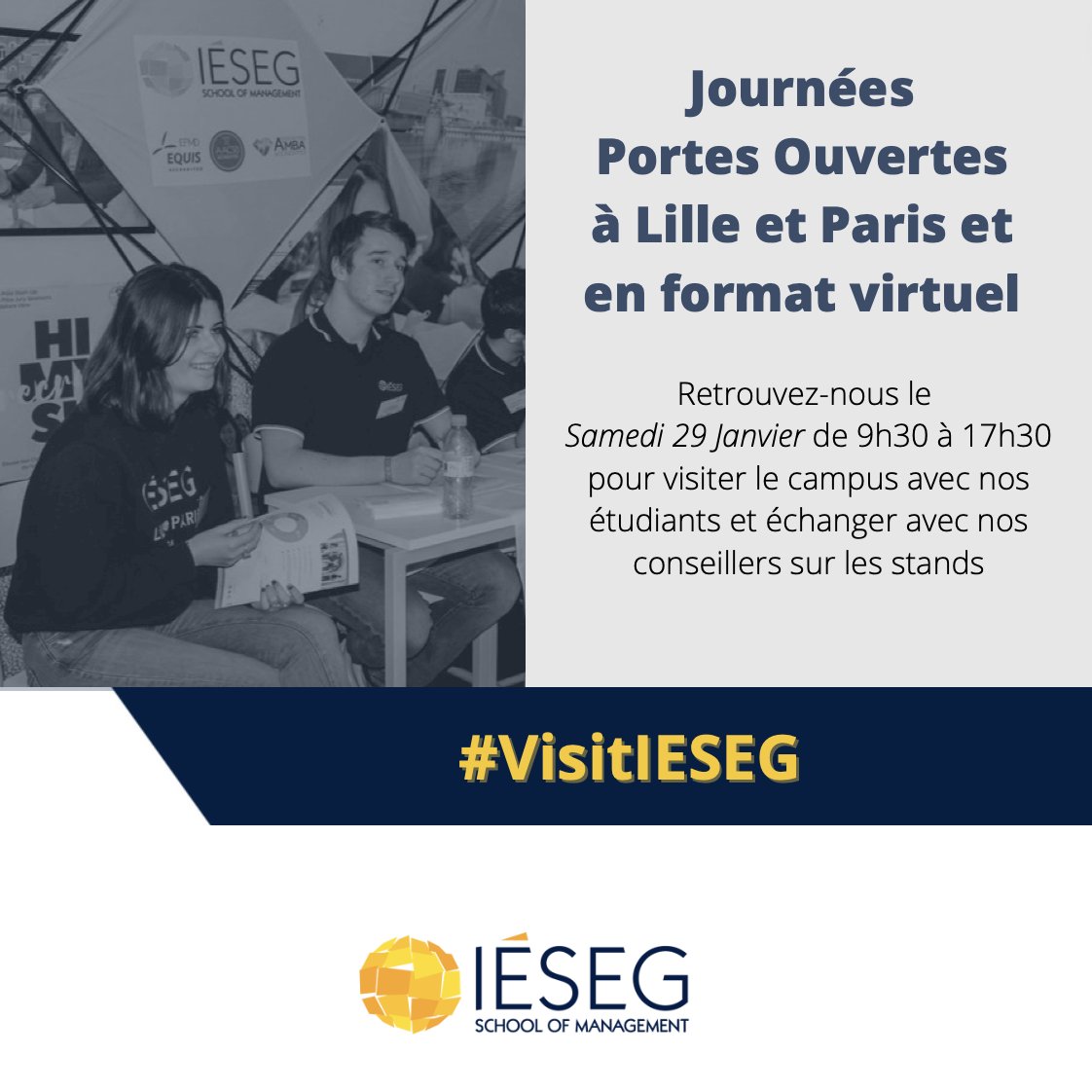 Rencontrez-nous ce week-end aux Journées Portes Ouvertes 😎

Que ce soit en présentiel ou en distanciel, rendez-vous Samedi de 9h30 à 17h30 pour visiter le campus, assister aux conférences et échanger avec nos conseillers ! 

➡️ ieseg.fr/events/journee…