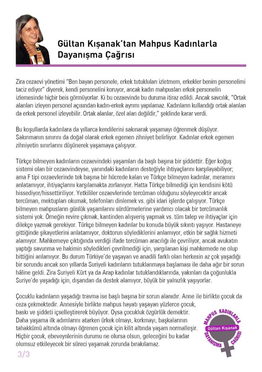 Önceki Dönem Diyarbakır Belediye Eşbaşkanımız Gültan Kışanak, cezaevlerindeki hak ihlallerine karşı kadın tutsaklarla dayanışma çağrısında bulunuyor. Sesimizi Gültan'ın sesine katalım, hep birlikte tutsaklarla dayanışalım.