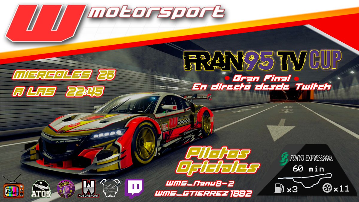 Esta noche <a href="/motorsport_w/">W. MOTORSPORT</a> estaremos en la final 💪💪💪🚙💨💨de @fran95simracing ,suerte compañeros y a disfrutar 
<a href="/atos11demayo/">WMS_atos11demayo</a> 
<a href="/Esp86Aitor/">AitorMenta13🇪🇦💚🇪🇸</a> 
<a href="/TvPipita/">PipitaTv</a>