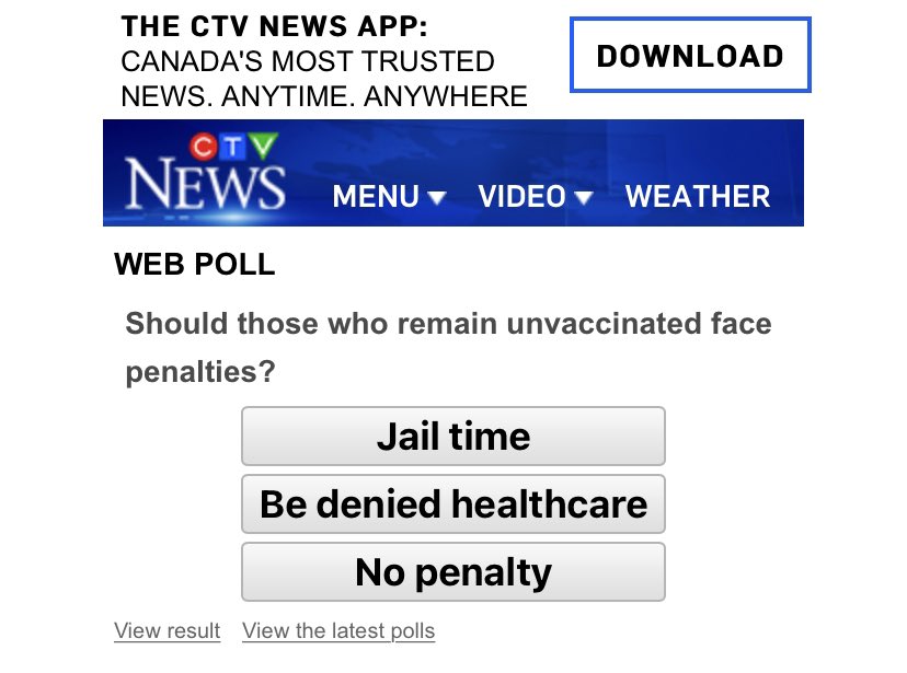 Don’t forget, it’s Bell Let’s Talk Day! The same hypocritical company that bullies employees, takes government subsidies and has their media arm (CTV) publish polls about denying health care to and jailing the unvaccinated. Today they’ll pretend to care. #BellLetsTalk