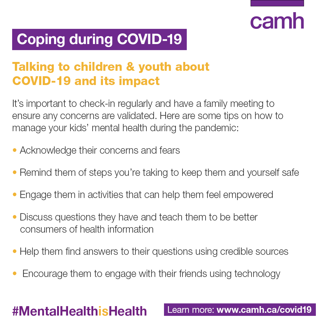CAMHnews's tweet photo. Here are some tips on how you can help your kids build resilience manage their health &amp; #mentalhealth during the pandemic. For more visit https://t.co/3WngCcydt6
🧵 3/3 
#COVID19 #BellLetsTalk https://t.co/hY70N8hk72