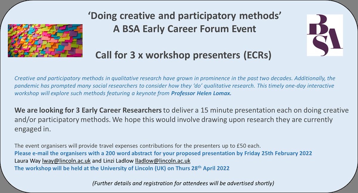 Myself &amp; <a href="/DrLinziLadlow/">Dr Linzi Ladlow</a> are looking for ECRs working with creative and/or participatory methods who are interested in presenting at our <a href="/britsoci/">The BSA</a> event this April - details in image. Feel free to DM with any questions (also retweeting very welcome, thank you)
