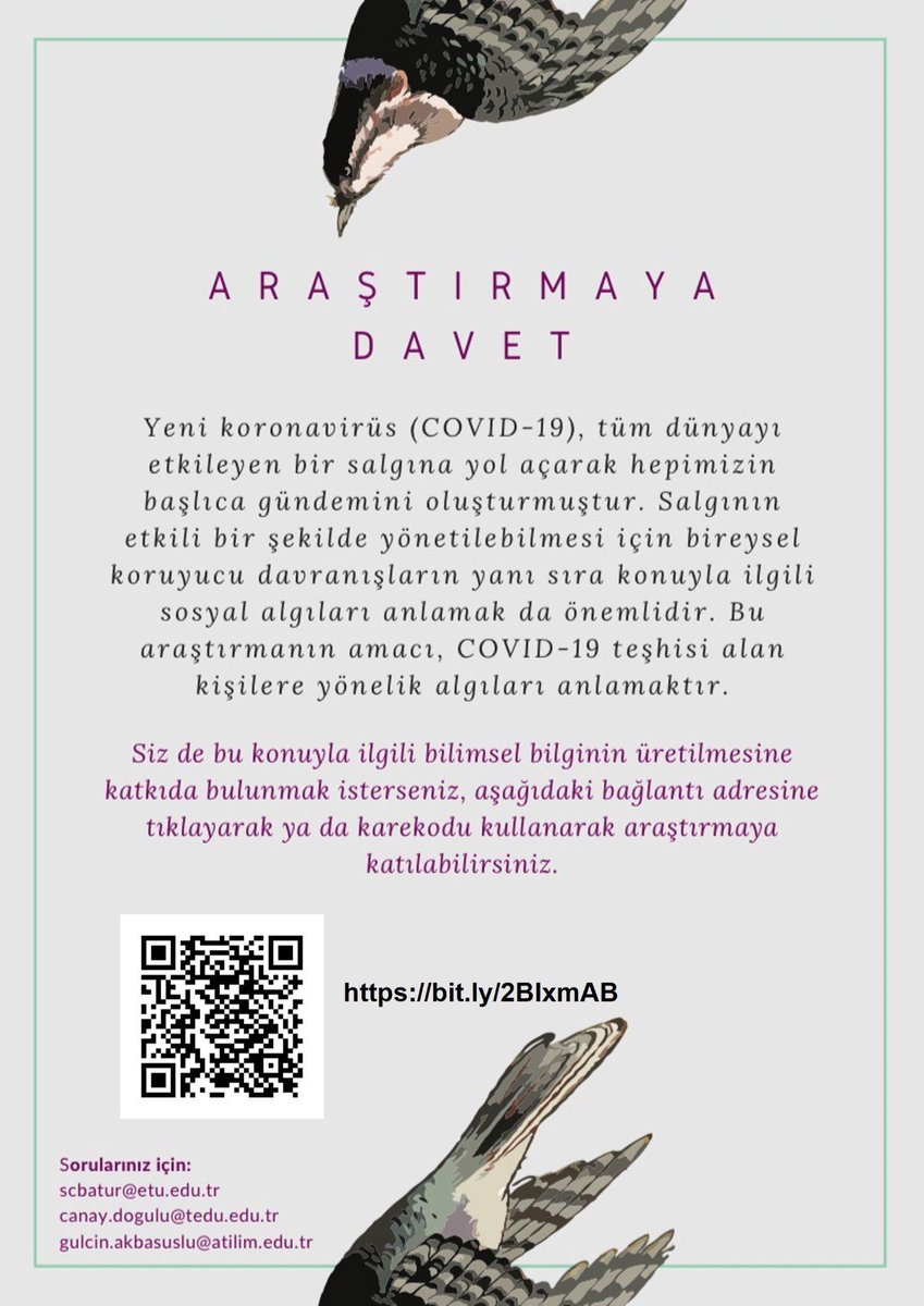 COVID-19 teşhisi alan kişilere yönelik algılar konulu psikoloji araştırmamıza katılmak isteyenler bit.ly/2BIxmAB adresinden ankete ulaşabilirler. Yapınız, yaptırınız :) Duyurulmasına katkıda bulunursanız da çok seviniriz! <a href="/UskulAyse/">Ayşe Üskül</a> <a href="/suzanceylan/">Suzan Ceylan</a> <a href="/glcnkbs/">gulcinakbas</a> <a href="/CanayDogulu/">Canay</a>