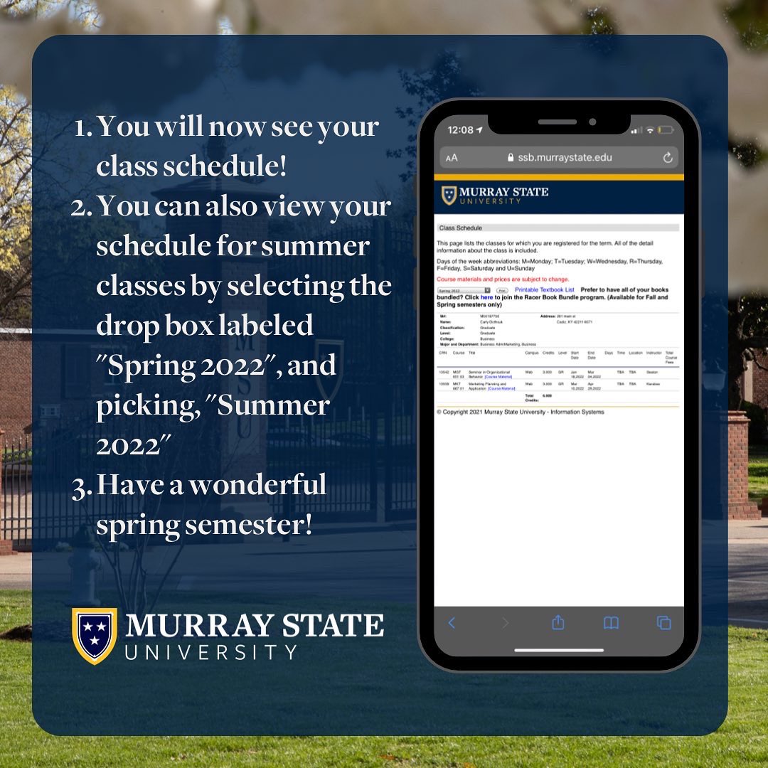 MurrayStateGrad's tweet photo. In this weeks edition of #HowToWednesday it's how to view your schedule on MyGate!π± #grad #gradschool #murraystateuniversity #graduateschool #college https://t.co/vLAqUWV3T1