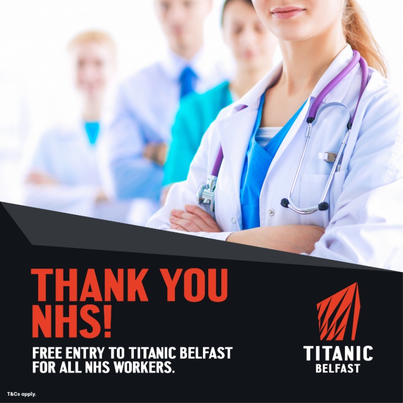 TitanicBelfast's tweet photo. As our way of saying thank you, we are offering free admission to all NHS workers throughout February. To book, purchase tickets for your family or friends on our website, then contact welcome@titanicbelfast.com with your booking ref and NHS ID to add the complimentary ticket!