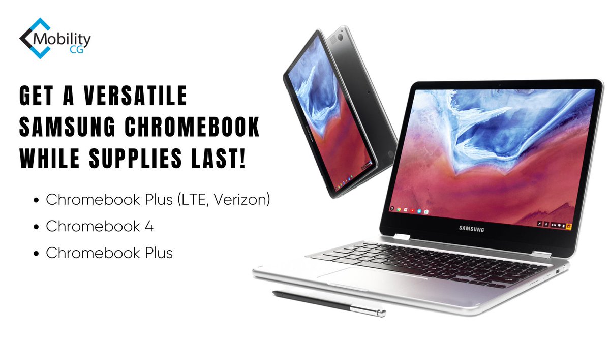 MobilityCG's tweet photo. Get a versatile Samsung Chromebook while supplies last! We have the Chromebook Plus (LTE, Verizon), Chromebook 4, and Chromebook Plus available! Visit our website, https://t.co/Vau1hjeV3G for more information.

#mobilitysolutions #technologyadvances  #MobilityCG https://t.co/3Otb1iybr2