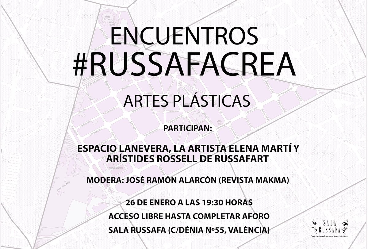 HOY 26 de enero no te pierdas en <a href="/salarussafa/">Sala Russafa</a> el encuentro #RussafaCrea enfocado en las artes plásticas. 

🟢 Participan Espacio LaNevera, la artista Elena Martí y Arístides Rossell de <a href="/Russafart/">Russafart</a>. Moderado por José Ramón Alarcón de <a href="/revistamakma/">MAKMA</a> 

📰+INFO: bit.ly/russafa-crea