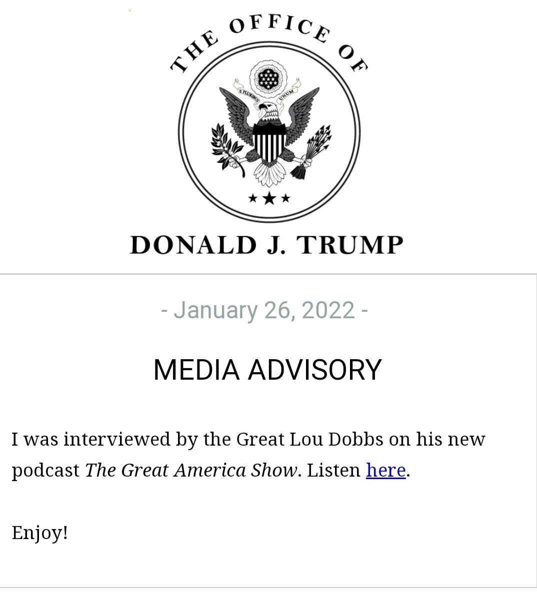 Liz Harrington (@realLizUSA) on Twitter photo 2022-01-26 14:23:41 NEW! President Donald J. Trump: 'I was interviewed by the Great Lou Dobbs on his new podcast The Great America Show. Listen here. Enjoy!' podcasts.apple.com/us/podcast/the…% NEW! President Donald J. Trump: 'I was interviewed by the Great Lou Dobbs on his new podcast The Great America Show. Listen here. Enjoy!' podcasts.apple.com/us/podcast/the…%