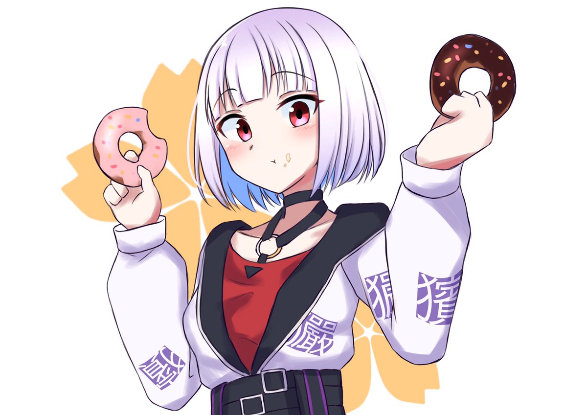 1girl doughnut food solo food on face holding jacket  illustration images