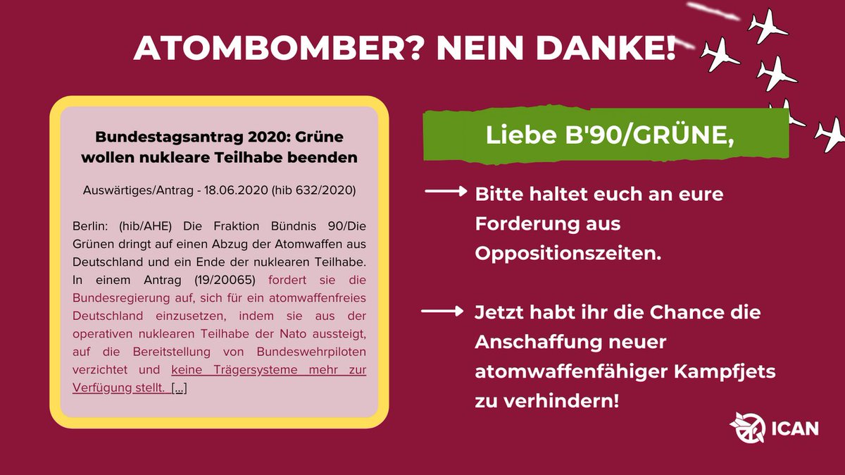 ICAN Deutschland (@ican_de) on Twitter photo Am Wochenende findet die #BDK der <a href="/Die_Gruenen/">BÜNDNIS 90/DIE GRÜNEN</a> statt. Wir fordern eine klare Position gegen nuklearwaffenfähige Kampfjets - auch als Regierungspartei. @ABaerbock <a href="/KatjaKeul/">Katja Keul</a> <a href="/sarananni/">Sara Nanni</a> <a href="/agnieszka_mdb/">Agnieszka Brugger</a> <a href="/spellerberg_m/">Merle Spellerberg</a> Am Wochenende findet die #BDK der <a href="/Die_Gruenen/">BÜNDNIS 90/DIE GRÜNEN</a> statt. Wir fordern eine klare Position gegen nuklearwaffenfähige Kampfjets - auch als Regierungspartei. @ABaerbock <a href="/KatjaKeul/">Katja Keul</a> <a href="/sarananni/">Sara Nanni</a> <a href="/agnieszka_mdb/">Agnieszka Brugger</a> <a href="/spellerberg_m/">Merle Spellerberg</a>