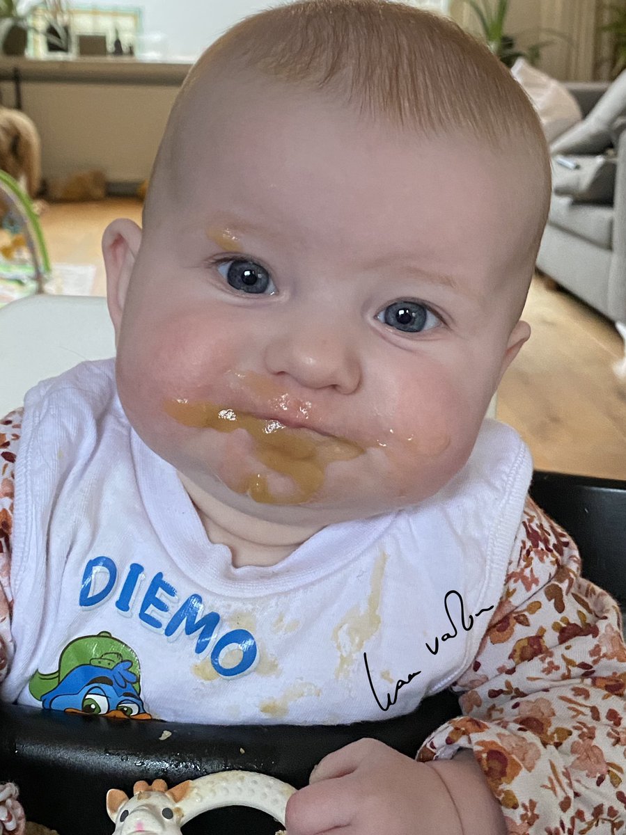 VanZonBusiness's tweet photo. Zoë haar eerste #proefhapjes zijn vaak een #kliederboel. Gelukkig helpt een slabbetje Oa die van @GemDiemen met #Diemo hier een beetje bij. 🤣#5maanden #dochter https://t.co/xHTf6fPSKv