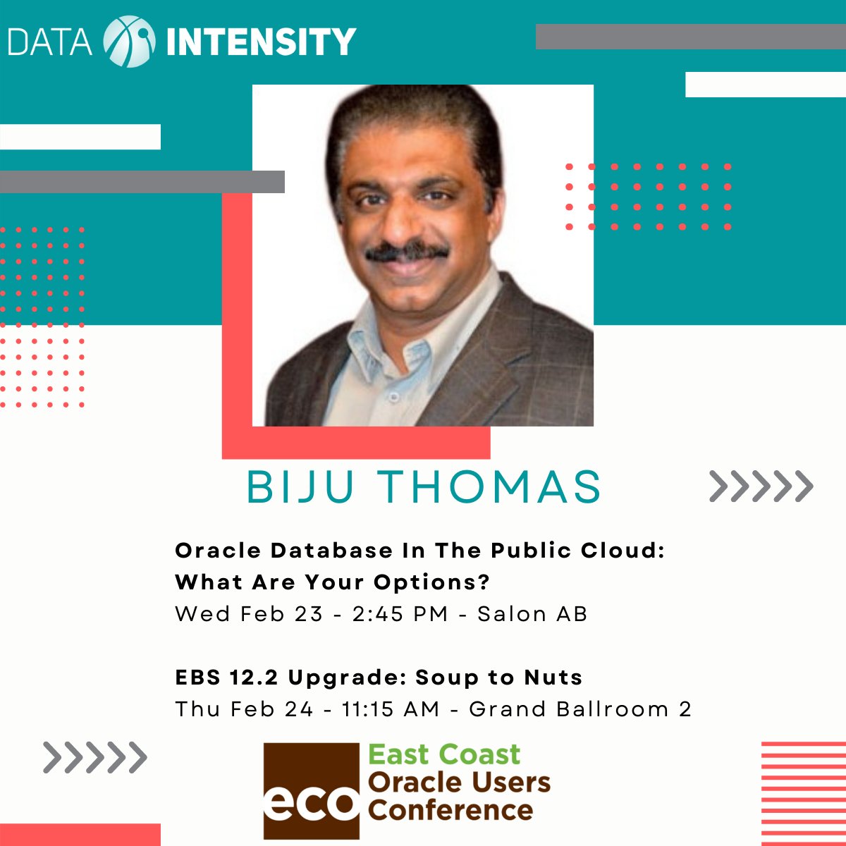 DataIntensity's tweet photo. Oracle ACE Director @Biju_Thomas will give two expert presentations at the East Coast Oracle Users Conference Feb 22-24. Register now to attend Biju's helpful sessions. More info at https://t.co/ZAa1u6Pu6Q
#DataIntensity #Oracle #ECO #OraclePartner #OracleACEDirector #BijuThomas https://t.co/hoBXxH9eoh