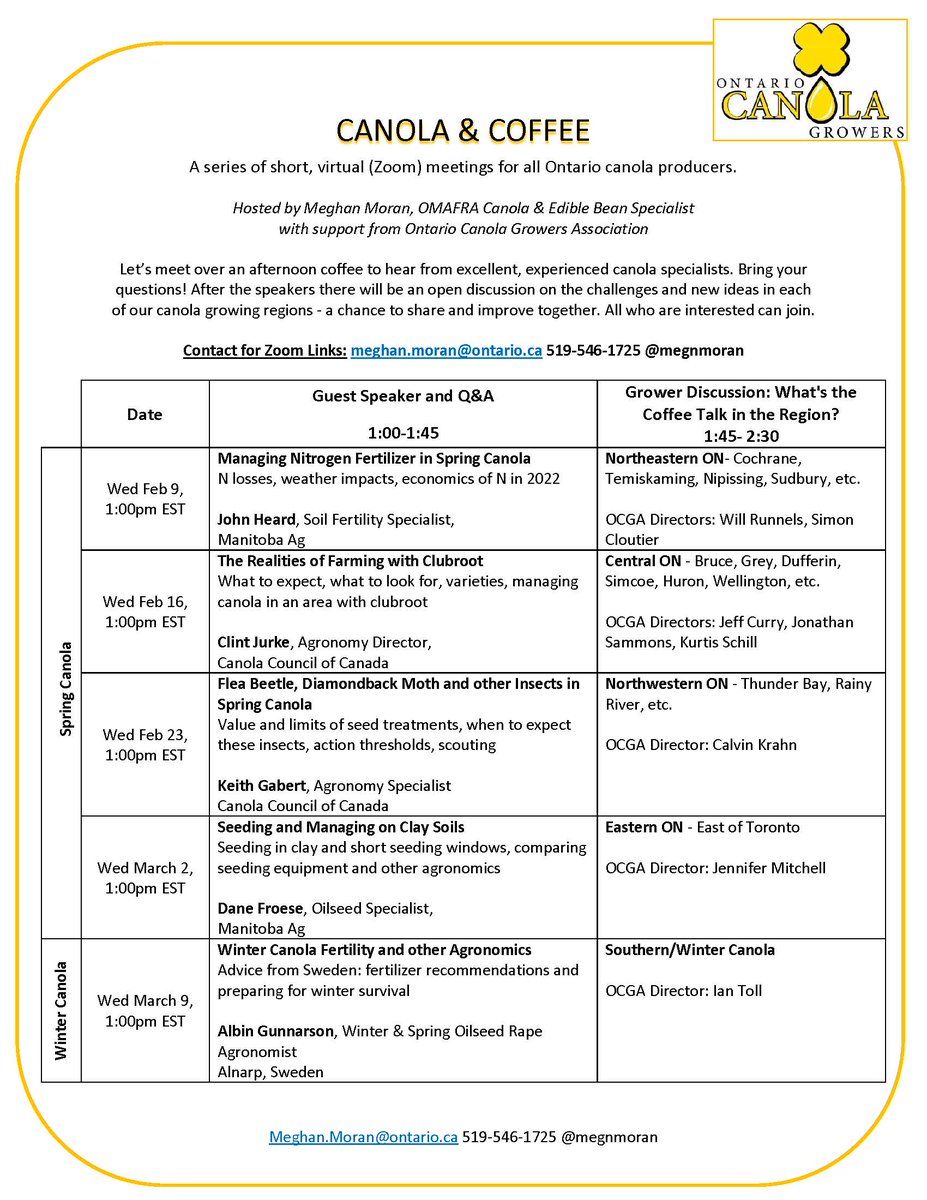 Canola &amp; Coffee Speaker Series!
Wednesdays at 1:00 from Feb 9 - March 9.
Join to hear from excellent canola specialists (30 min) then have discussion with local growers. Bring your questions and ideas. 
Contact me for zoom links, thru Twitter or meghan.moran@ontario.ca
#Ontag