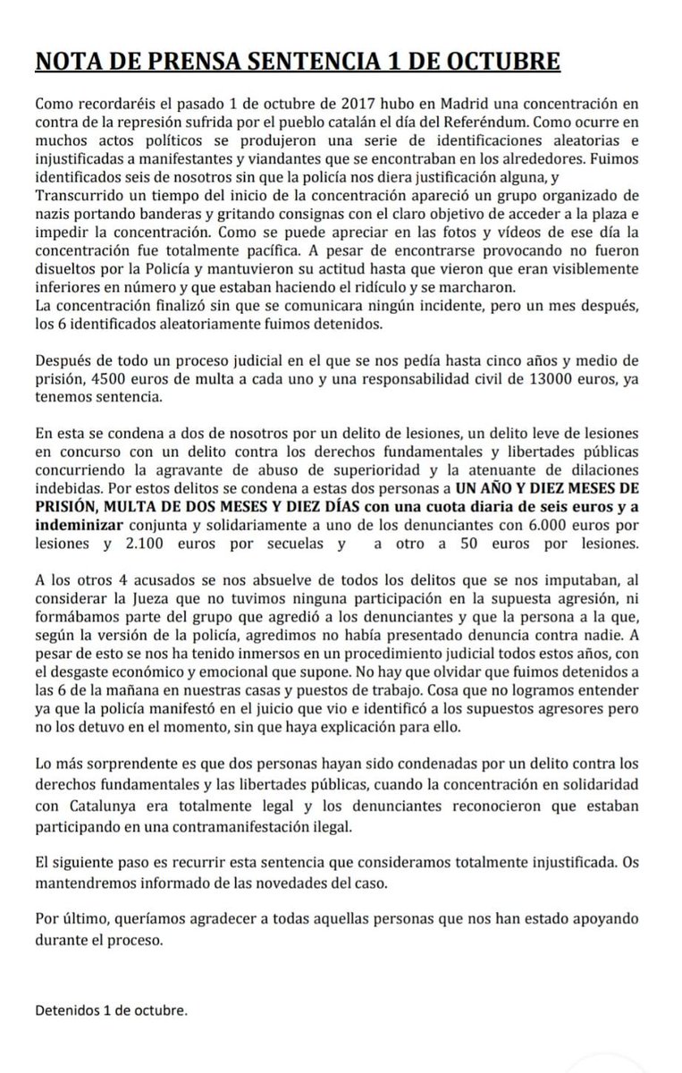 DeDetenidos's tweet photo. NOTA DE PRENSA EN RELACIÓN A LA SENTENCIA: https://t.co/lSzSj2uYpo