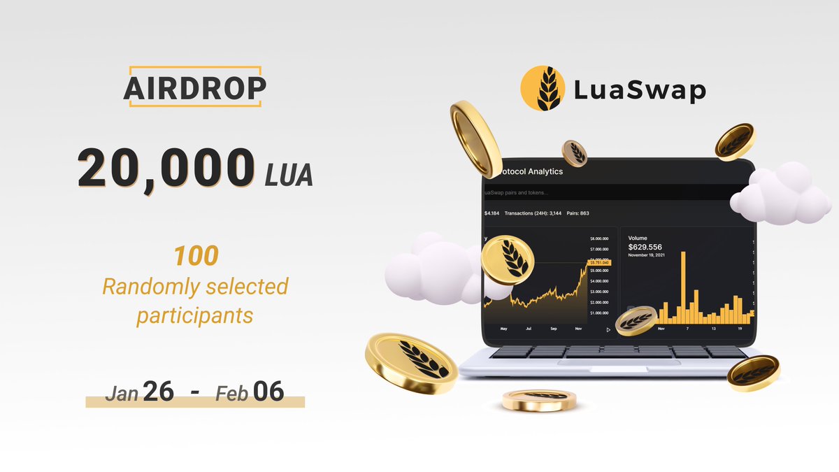 Who's ready for some rewards 🤑💰

Follow <a href="/LuaSwap/">LuaSwap | $LUA</a> &amp; follow the instruction in this link 👉 t.me/CryptoLibraryD…

to win part of the 20,000 $LUA 💸

Only 1⃣0⃣0⃣ winners will be selected 🔥
✅ Jan 26 - Feb 06, 2022 ✅

🚀 Let the $LUA party begin!🎉🥳