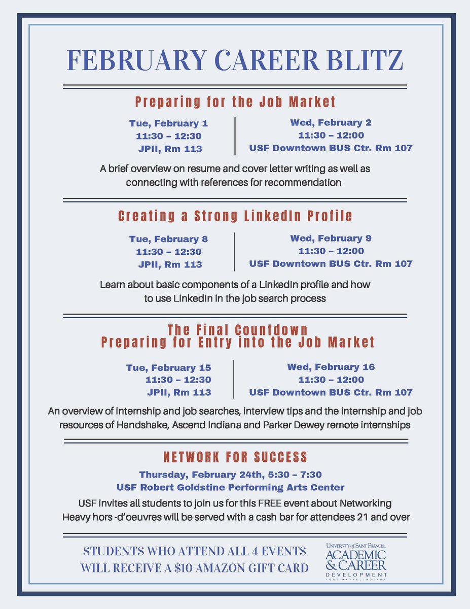USF students, beginning next week we'll be offering career development/help events on campus.  Join us!  No registration required.