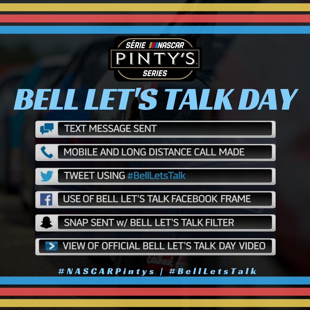 We are proud to support <a href="/Bell_LetsTalk/">Bell Let's Talk</a> 💙

Bell will donate 5 cents to Canadian Mental Health programs for each interaction. 

Make sure to retweet and use the hashtag #BellLetsTalk to help spread awareness. 🏁

#NASCARPintys | #BellLetsTalk