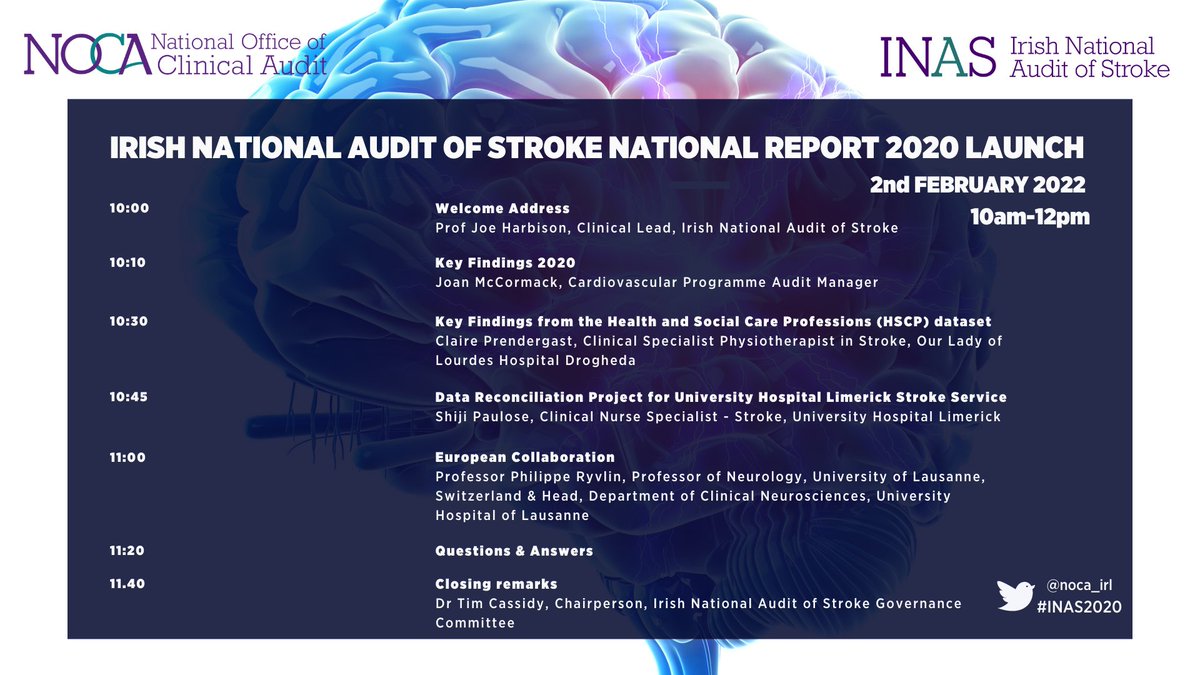 The Irish National Audit of Stroke National Report 2020 will be launched on Wednesday 2nd February, via webinar from 10am-12pm. The full agenda can be found here: shorturl.at/dCMO8 and there is still time to register to attend here: forms.office.com/r/paLPA7LtdT #INAS2020