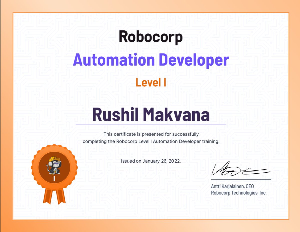 rushilmakwana's tweet photo. It was fun throughout the course and Glad to announce that I have successfully Completed Automation Developer level 1 course from 
@RobocorpInc https://t.co/h3ACPB3AVq