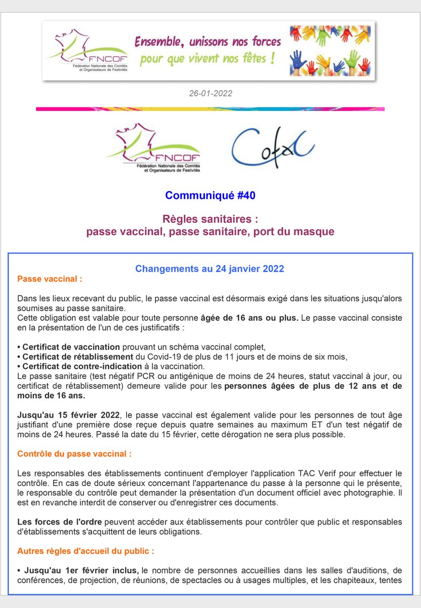 FederationFncof's tweet photo. #INFO FNCOF COMMUNIQUE #40 du 26 janvier 2022 : 
Règles sanitaires : passe vaccinal, passe sanitaire, port du masque ... https://t.co/QBPvX5OMuV