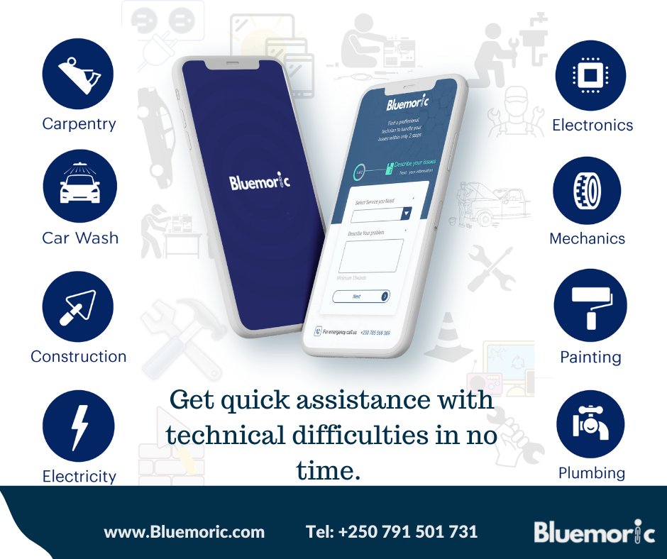 BluemoricApp's tweet photo. #Bluemoric #Repairingservices #Kigali #nearby #technicians #carwash #construction #electricity # painting #plumbing #mechanic #masonry #carpenter #electronics #home #onthego #Rwanda https://t.co/A6Z0Kx58OQ