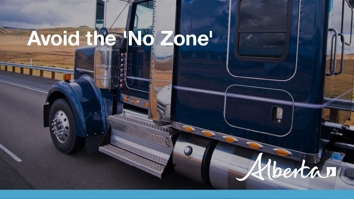 ABTransComm's tweet photo. The bigger the vehicle, the bigger its blind spots &amp; the more room it needs to maneuver. 

Give large trucks and buses the room they need to operate safely. #NoZone #drivingtips #ABRoads https://t.co/0EwjCaR7H9