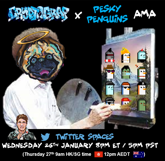 CryptoGraf_Art's tweet photo. Come join us as we chat with @peskypenguins about our project, what we're doing and how we hope our noot nootin' friends represent on canvas! :) 🐧🎨

🗓️Wednesday 26th January 8pm ET / 5pm PST
#solana #solananfts #cryptograf #peskypenguins #NOOTNOOT 
https://t.co/Sc7vv8kjey https://t.co/yWclRSzB4E