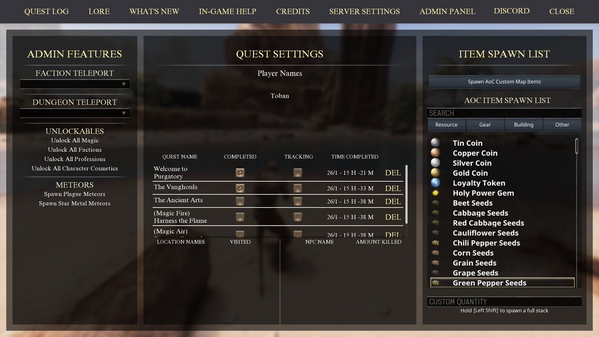 A new update for AoC is live to go with today's game update!
This patch introduces the AoC Features Menu, in which you can easily navigate to the Quest Log, Lore, What's New, In-game Help, Credits, Server Settings, Admin Panel, and Discord!