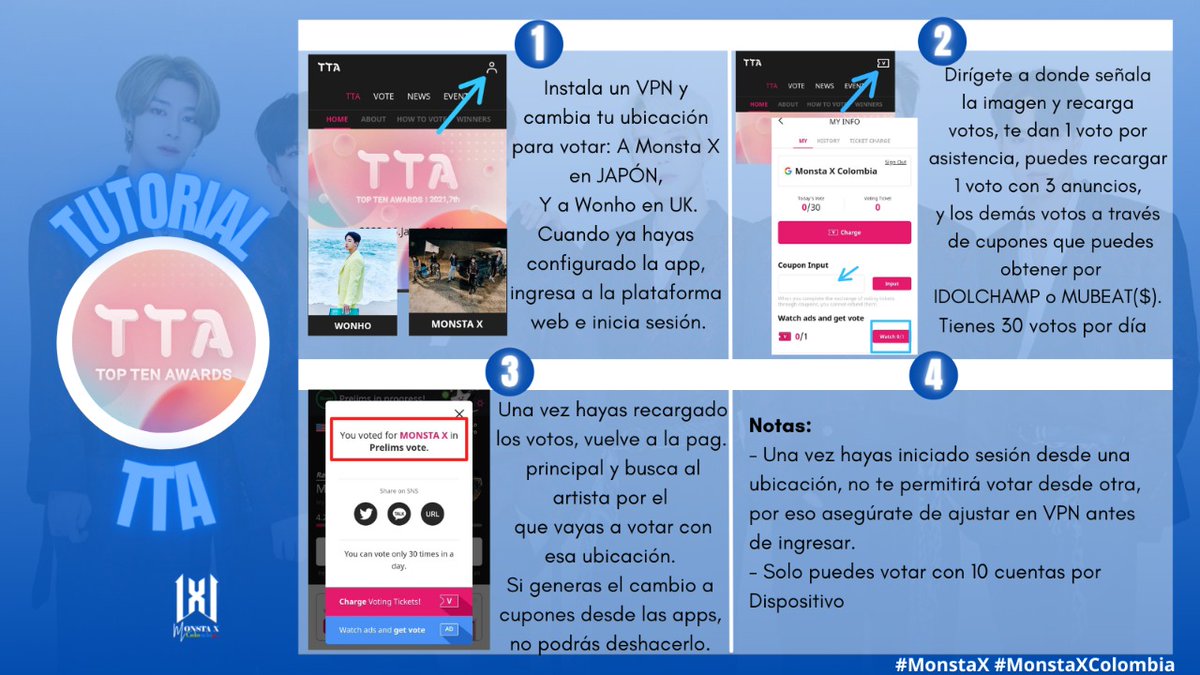 MonstaXColombia's tweet photo. ✨ TUTORIAL TTA ✨ 

Monbebe, se ha cambiado la ubicación para Monsta X a Japón. Para Wonho sigue siendo UK.

Te compartimos el tutorial actualizado con el cambio 

#MONSTAX #몬스타엑스 
#원호 #WONHO 
@OfficialMonstaX @official__wonho https://t.co/OWAlnbpkVQ