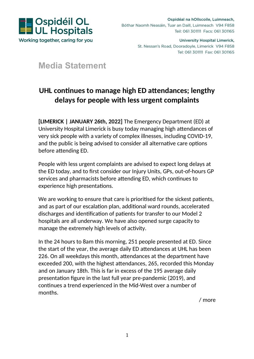 HSEMidWest's tweet image. 🏥MEDIA RELEASE
The Emergency Department (ED) at UHL is busy today managing high attendances of very sick people with a variety of complex illnesses, including COVID-19, &amp;amp; the public is being advised to consider all alternative care options before attending ED.