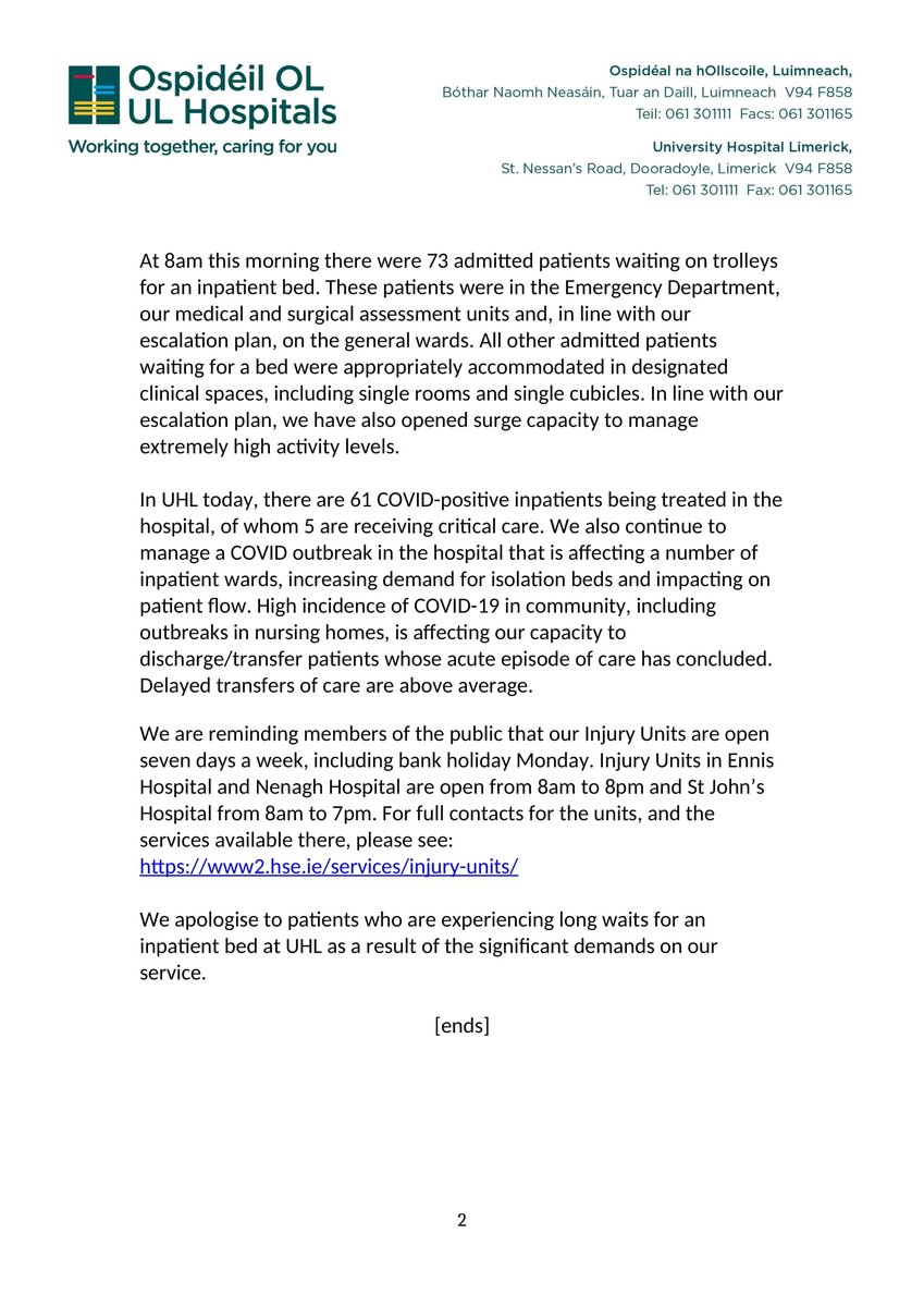 HSEMidWest's tweet image. 🏥MEDIA RELEASE
The Emergency Department (ED) at UHL is busy today managing high attendances of very sick people with a variety of complex illnesses, including COVID-19, &amp;amp; the public is being advised to consider all alternative care options before attending ED.