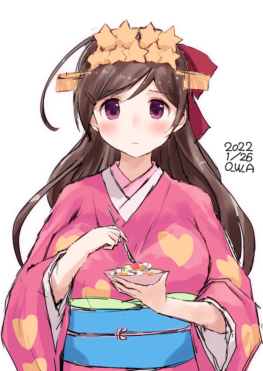 1girl solo japanese clothes long hair kimono brown hair dated  illustration images