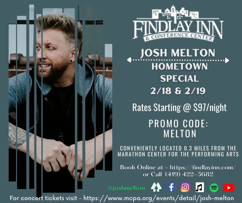 InnFindlay's tweet photo. Click the link below to book your room! 
https://t.co/KKaJHVm6zs
💥Click Book Your Stay 
💥Under Rate Options Select Promotional Code
💥Enter Code: MELTON
💥Select your room type &amp; complete your booking

Still need tickets to the show follow the link below
https://t.co/k8y8PXRxk5 https://t.co/kbcY02wlVA