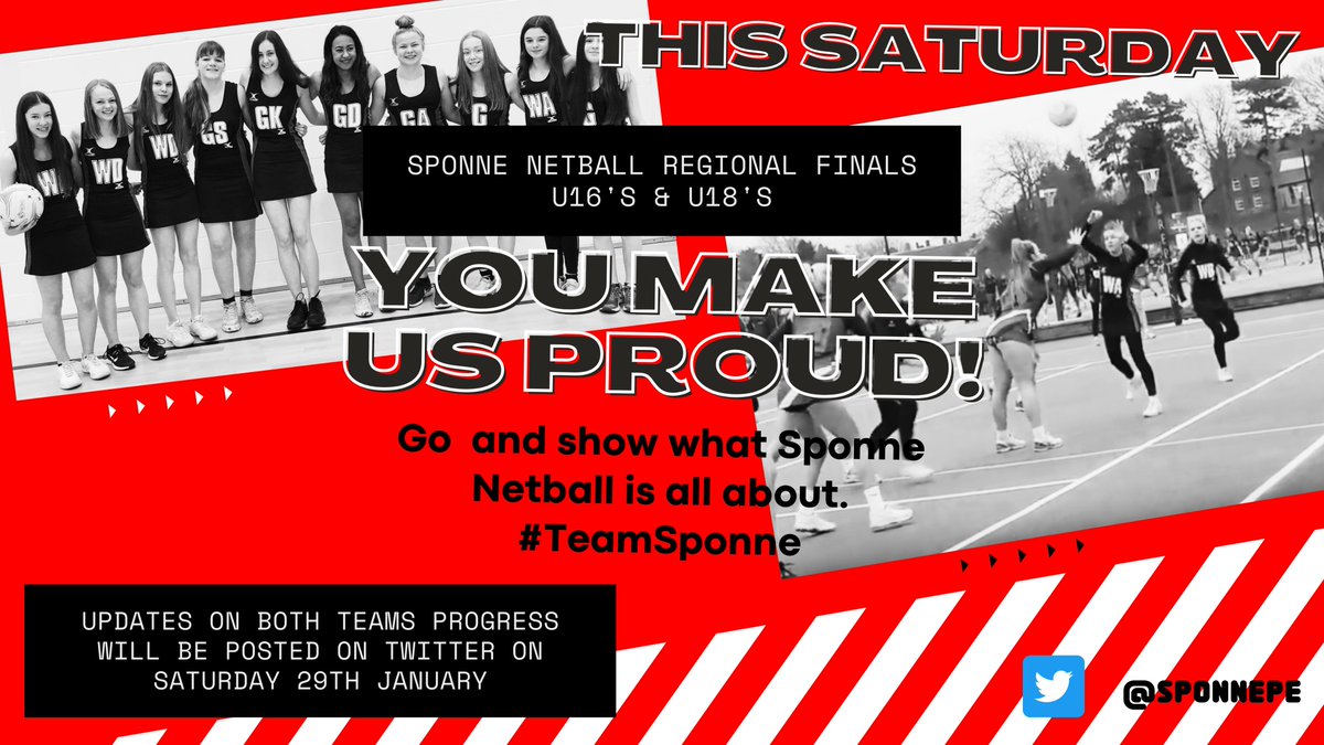 Its Happening, Follow the progress of our U16 and U18 girls this Saturday as they take on the best teams in the East Midlands in a bid to get to Nationals! and thanks to everyone who has helped along the way <a href="/northants_storm/">@Northants_Storm</a> <a href="/ToveTitans/">Tove Titans</a> <a href="/SponneSchool/">SponneSchool</a>  #TeamSponne #SponneNetball