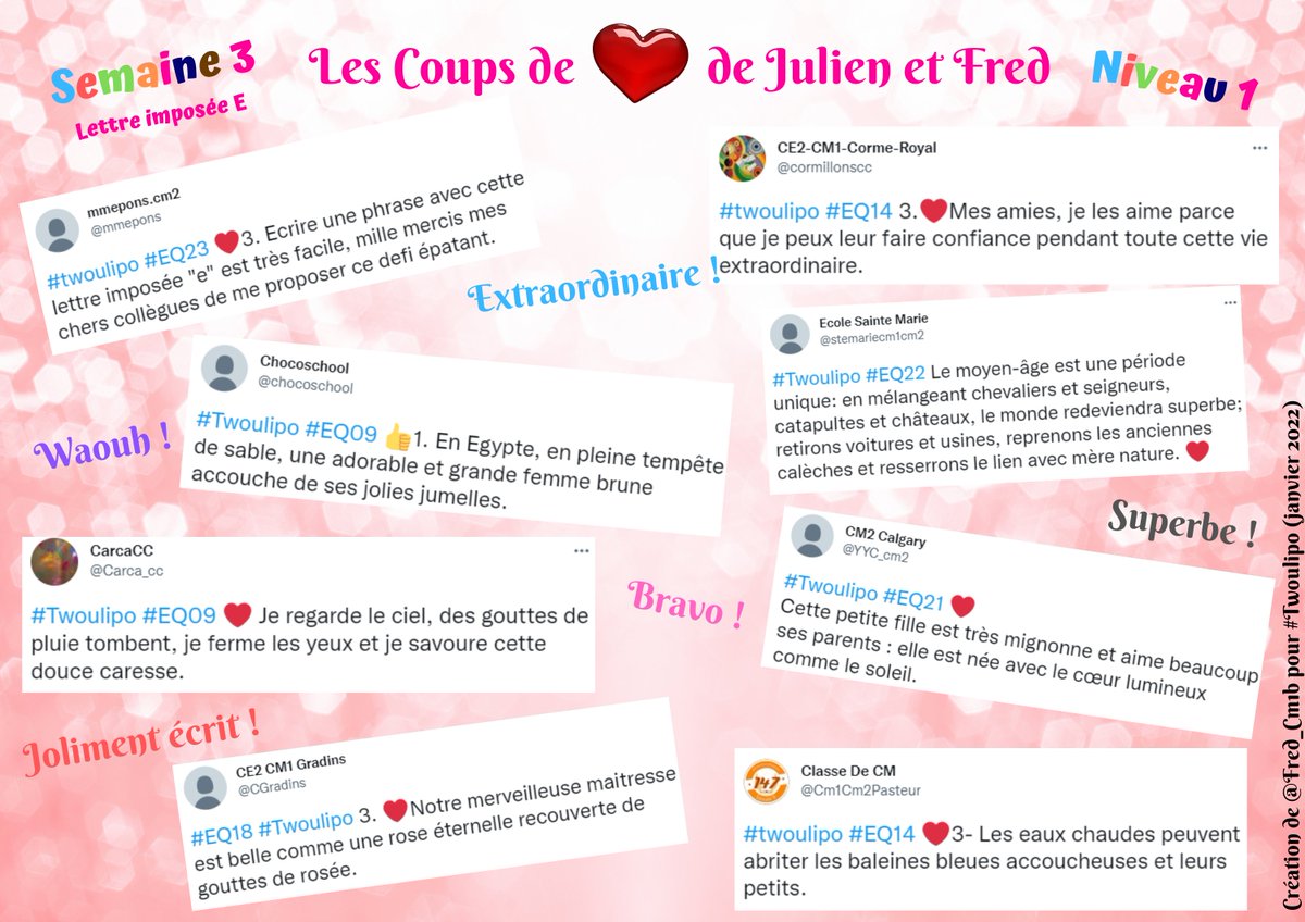 tw_oulipo's tweet photo. Après cette 3e semaine de création, nous publions les Coups de ❤️ de Julien et Fred sur la contrainte de la semaine dernière. #Twoulipo #Niveau1

Félicitations à @chocoschool @mmepons @Carca_cc @CGradins @cormillonscc @stemariecm1cm2 @YYC_cm2 @Cm1Cm2Pasteur ! 👏 https://t.co/NpiWVVhTQu