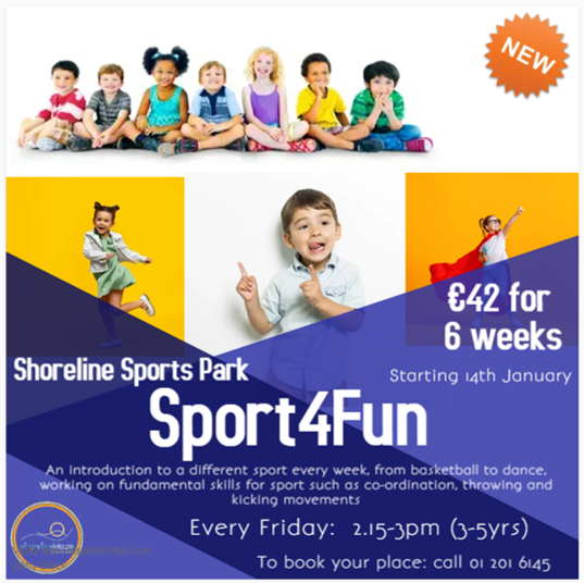 Due to popular demand, we have added a second instructor to our Sport4Fun classes, so we now have 10 spots available for 3-5yr olds!
Fridays, 2.15-3pm 

To book: call us on (01) 201 6145

Trial class: €8
Remaining 4 weeks of term: €28