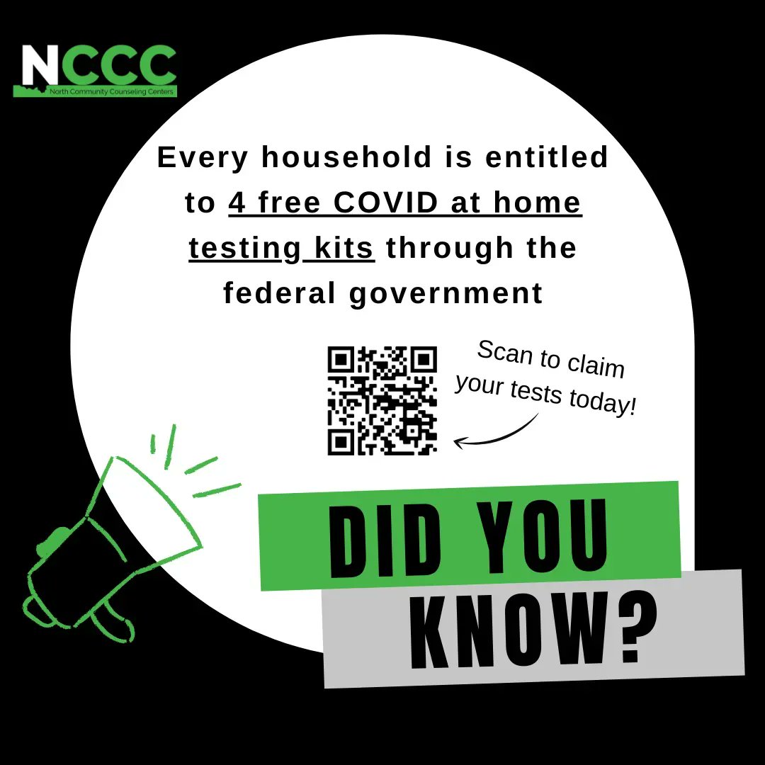 NCCC1968's tweet photo. Did you know every household in the United States is entitled to 4 FREE COVID at-home test kits? 

Visit this site https://t.co/C6BpVt9Dj8 or scan our QR code to order yours today! 💚 

#NorthCommunityCounselingCenters #WeChangeLives #StopTheSpread https://t.co/ktoItKxoVY