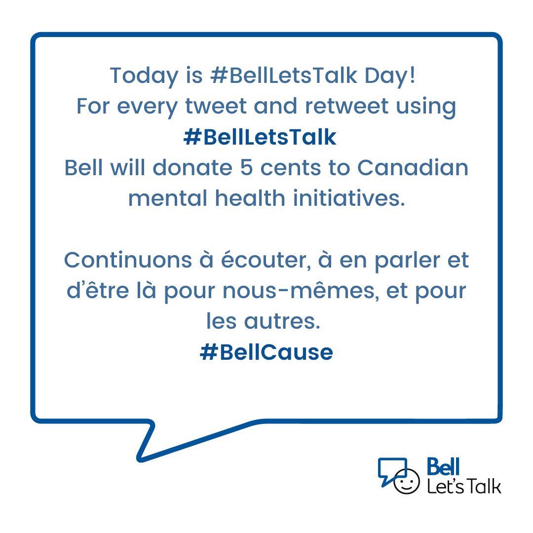 iamfefemusic's tweet photo. It’s #BellLetsTalk Day! We’ve all been through a challenging last few years. People have really suffered, but there’s help available! Let’s talk about it. Bell is donating 5cents for every tweet using #BellLetsTalk  towards mental health initiatives. Join in the conversation. 💙 https://t.co/HoVADs2SXw