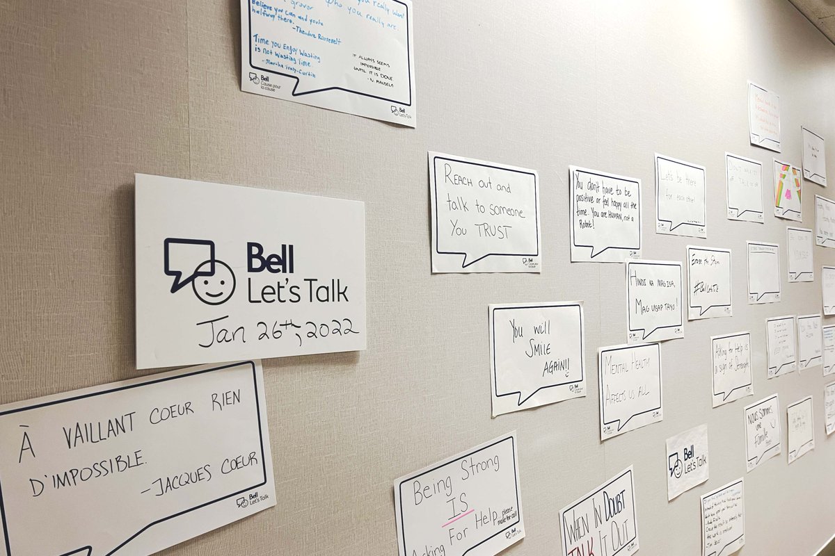 RCMPDepot's tweet photo. Here at Depot, staff and cadets shared mental health and wellness tips, messages and sentiments which were put on display around base for all to see. Happy Bell Let’s Talk Day! #bellletstalk https://t.co/cWvoiCBEla