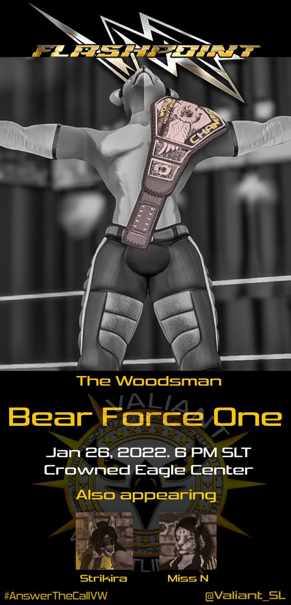 It's Wednesday, it's time for another episode of #VWFlashpoint!

Join us at 6pm SLT to see World Heavyweight Champion @TheRealWoodsman in action!

Also appearing in action @MissNDiTirin faces the Valiant Vigilante <a href="/strikira/">strikira.bsky.social</a>!

Also, <a href="/VSteelwing/">Virgil Steelwing</a> seems to look rather annoyed..

//🦅