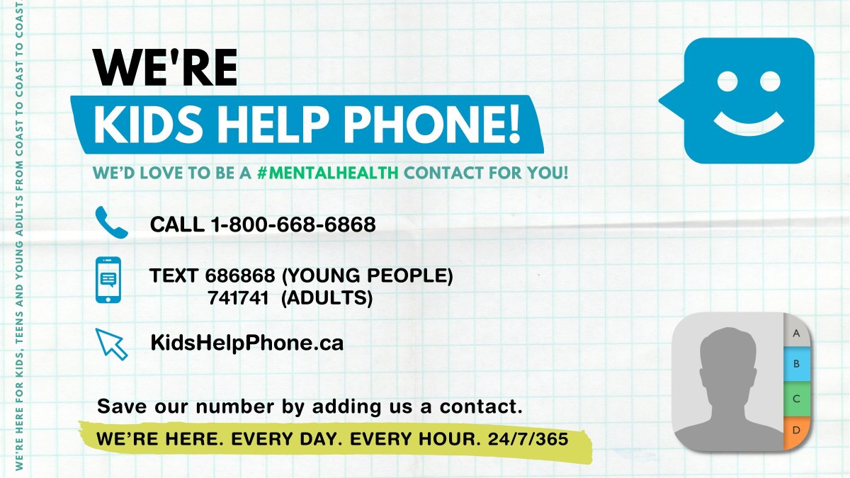 We're always here for you. Save Kids Help Phone’s contact info into your phone as a reminder that our team of counsellors and crisis responders are here for you 24/7! 📞Call 1-800-668-6868 📱 Young people text TALK to 686868 📱 Adults text WELLNESS to 741741 #BellLetsTalk