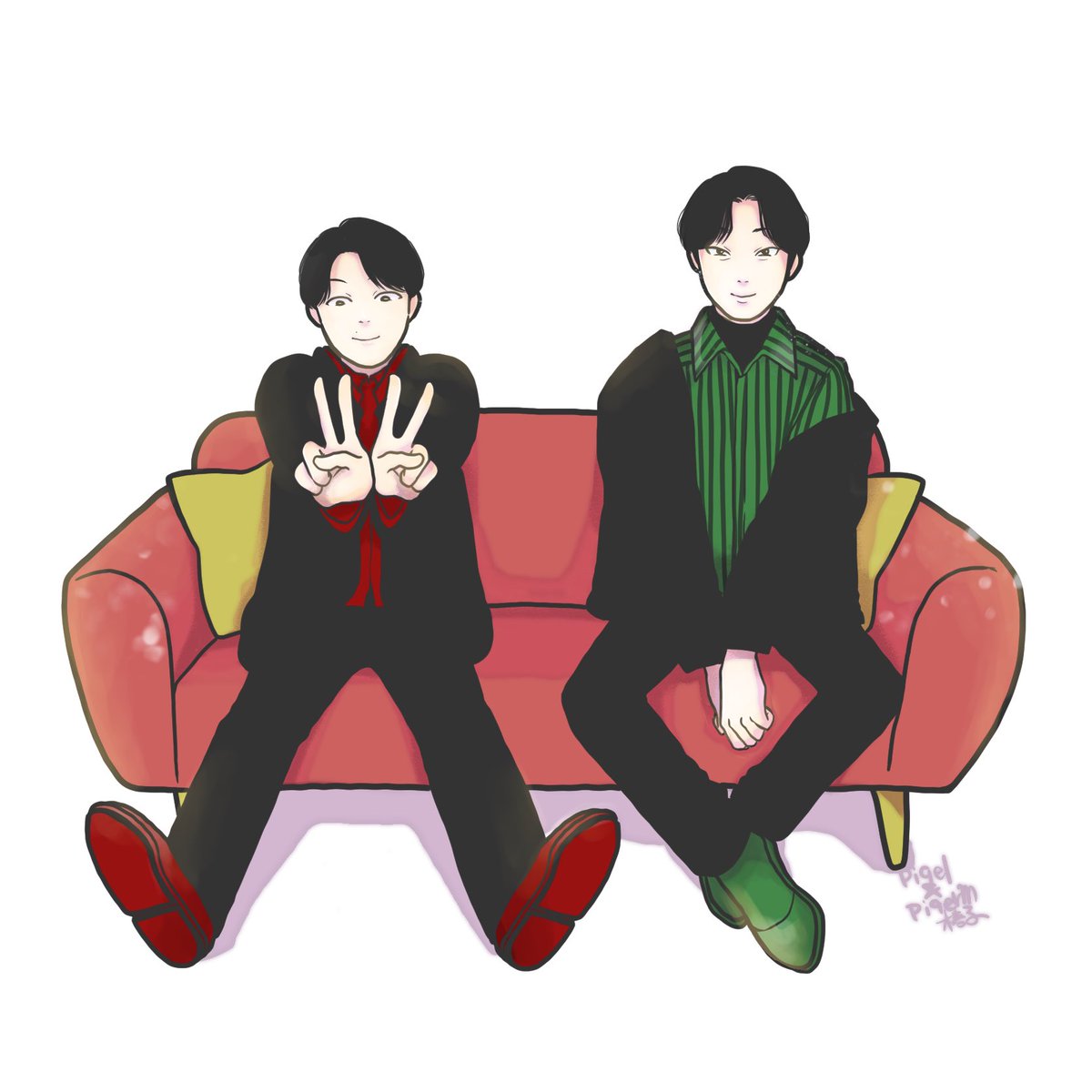 multiple boys 2boys v black hair couch sitting male focus  illustration images