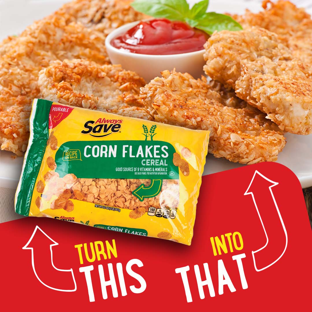 Grab a bag of our crispy corn flakes cereal and turn it into dinner! This Crispy Corn Flake Coated Chicken recipe can also found on the back of the cereal package: bit.ly/3nHP5N6