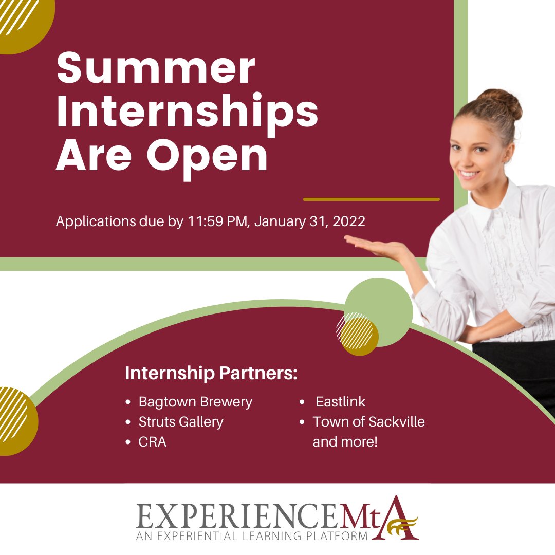 📢 There is still time to apply for summer internships! With a variety of great opportunities and employers, there is something for students in all years and programs. Apply by January 31, 2022 at 11:59 PM. 
Visit experience.mta.ca for all postings!