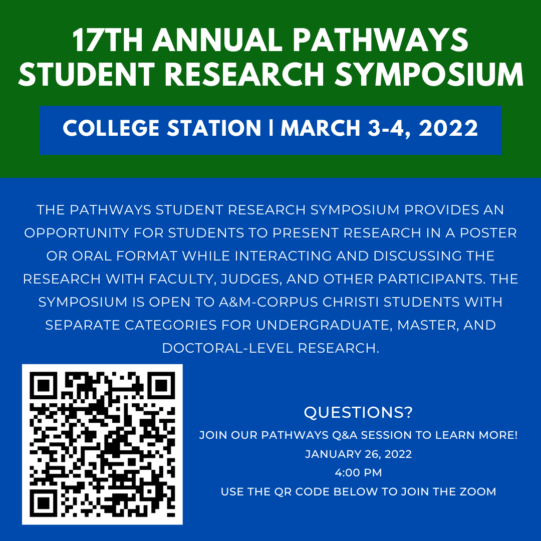 TAMUCC_CGS's tweet photo. Interested in participating in the 17th Annual Pathways Student Research Symposium? Join us for an Info session TODAY at 4:00 pm!

Join on Zoom: https://t.co/aWUd7MwGRp https://t.co/DQwPfNHcff