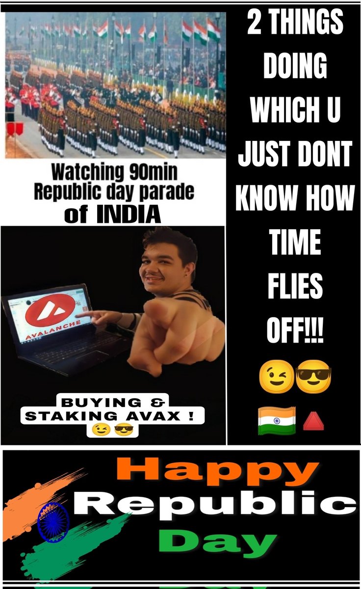 AdvocateSharin's tweet photo. HAPPY REPUBLIC DAY OF INDIA TO EVERYONE!Watching Indian Republic Day Parade is always a treat to eyes!🇮🇳🔺 🙏😊🙋
@AvalancheHub #AvaxNftRush #Avalanchenft #AvalancheMeme  #Avalanche @darkseid89931 #AvalancheRush @avalancheavax #AVAX @avalabsofficial @el33th4xor #Crypto #Bitcoin https://t.co/1XhPr71O9w
