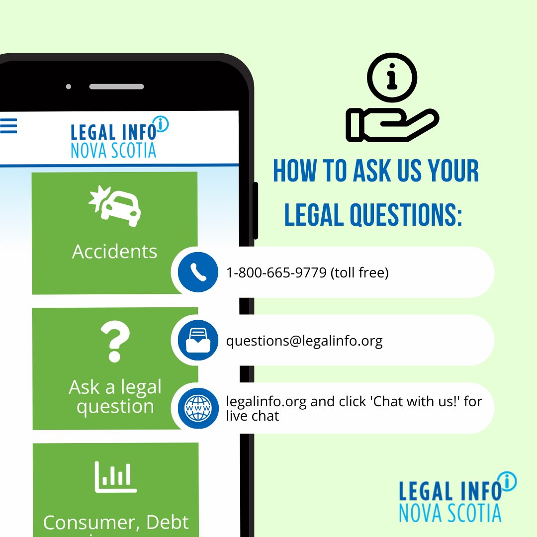 LegalInfoNS's tweet photo. Have a legal question? We have answers! Reach out today by calling, emailing or through our live chat.  #LISNS #legalinformation #novascotia https://t.co/REfqEJX7dq