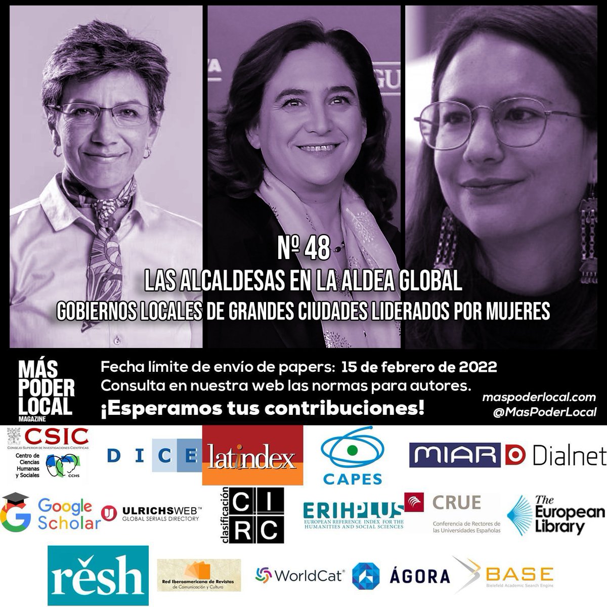 MasPoderLocal's tweet photo. Hasta el 15/02 estaremos encantados de recibir investigaciones para nuestro número 48: "Las alcaldesas en la aldea global. Gobiernos locales de grandes ciudades liderados por mujeres".

#Compol #Alcaldesas
¡Esperamos sus contribuciones! https://t.co/Es2NKm1KsQ