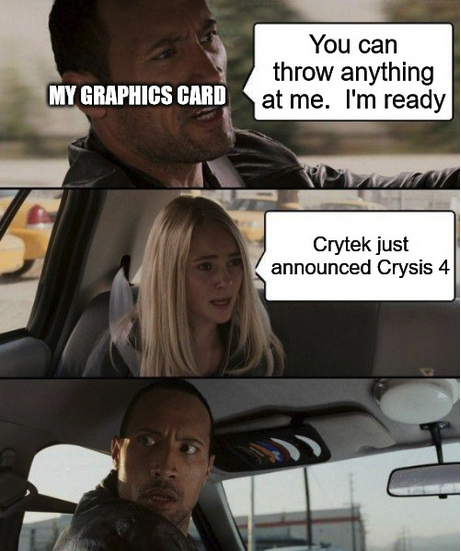 gamescom's tweet photo. What's that noise?  Just our graphics card shaking with fear.  #crysis4 https://t.co/4HbLKJJ5Wj